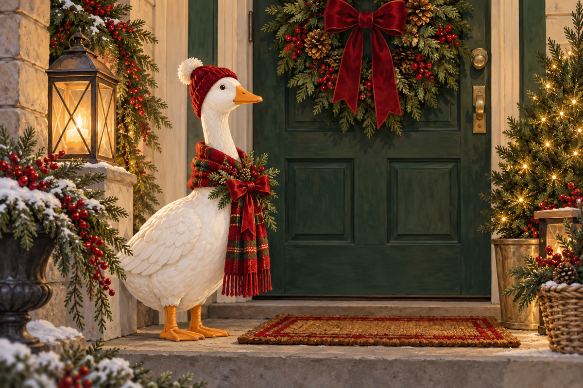 Editorial illustration of a Christmas porch goose in a small sheltered entryway.