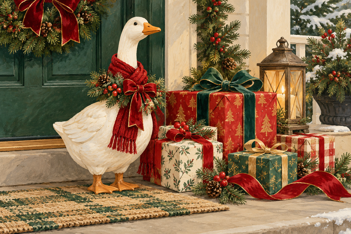 Editorial illustration of a decorative porch goose beside Christmas gifts.