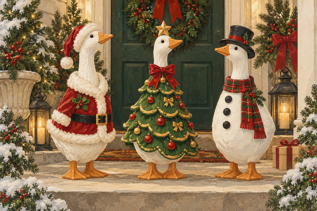 Editorial illustration of porch goose statues in Santa, Christmas tree and snowman outfits.