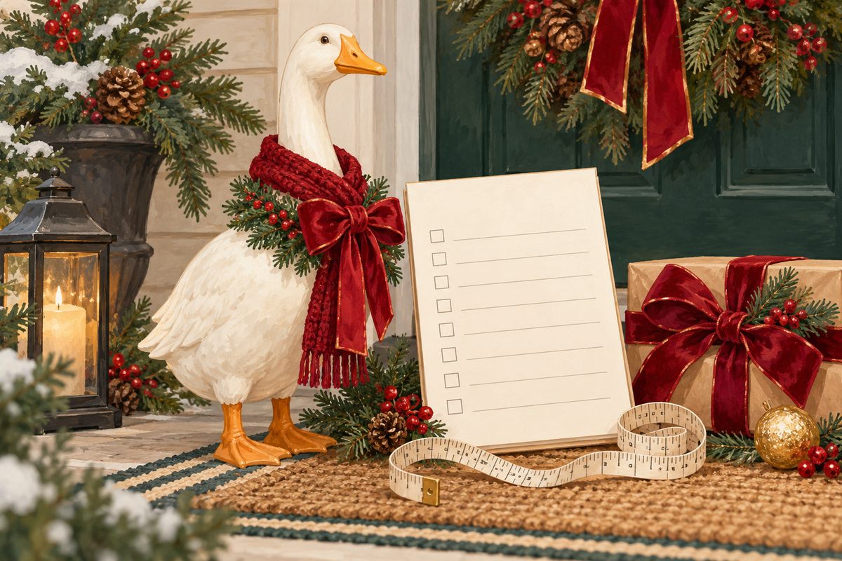 Editorial illustration of a porch goose, measuring tape, shopping checklist and parcel.
