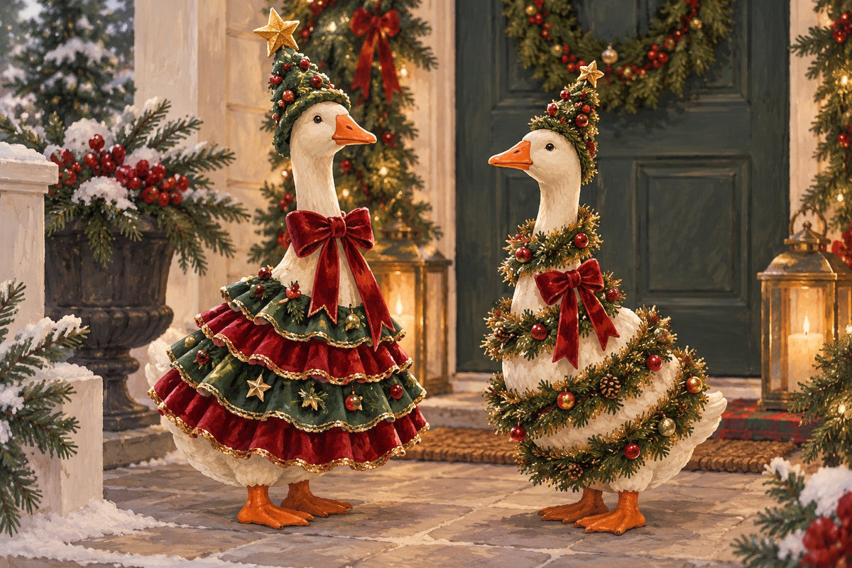Editorial illustration for Christmas Tree Goose Outfits: Star Hat, Elf Scarf or Tinsel?