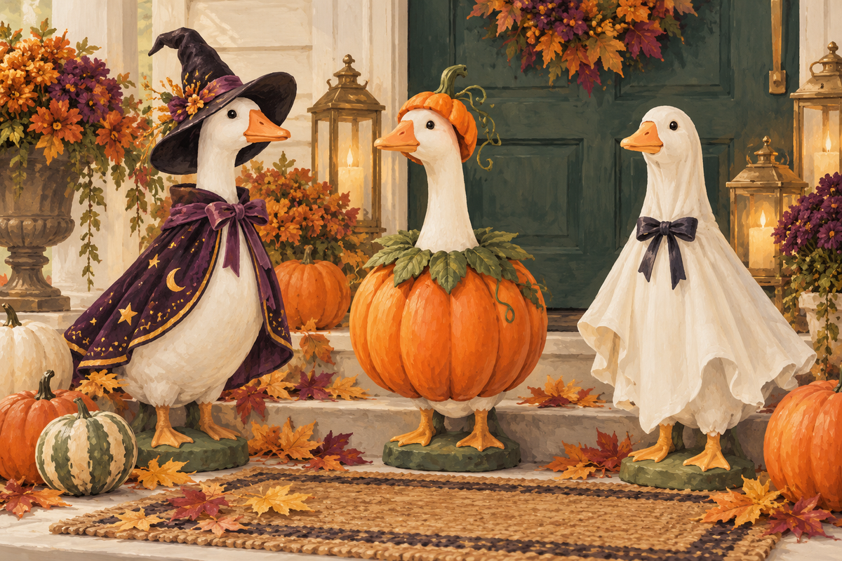 Editorial illustration of porch goose figurines in witch, pumpkin and ghost Halloween costumes.