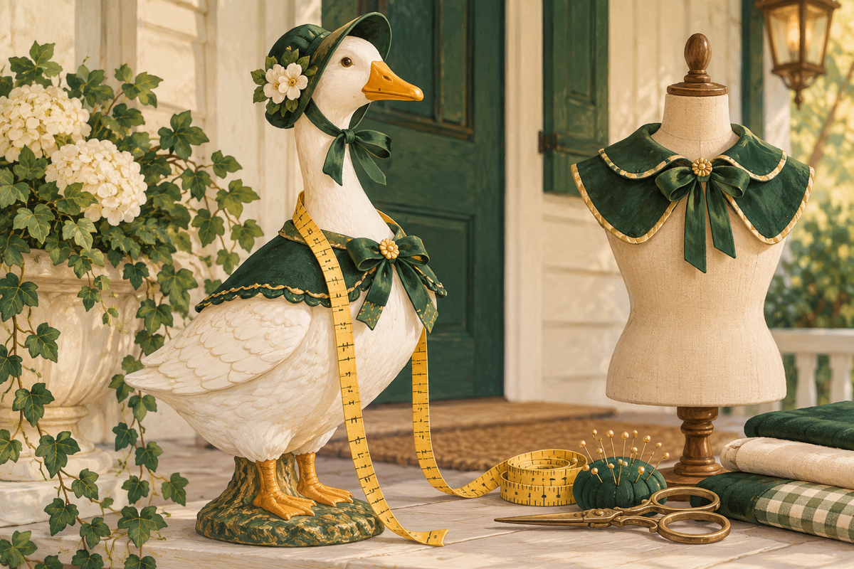 Editorial illustration of a decorative porch goose with measuring tape and tailoring tools.