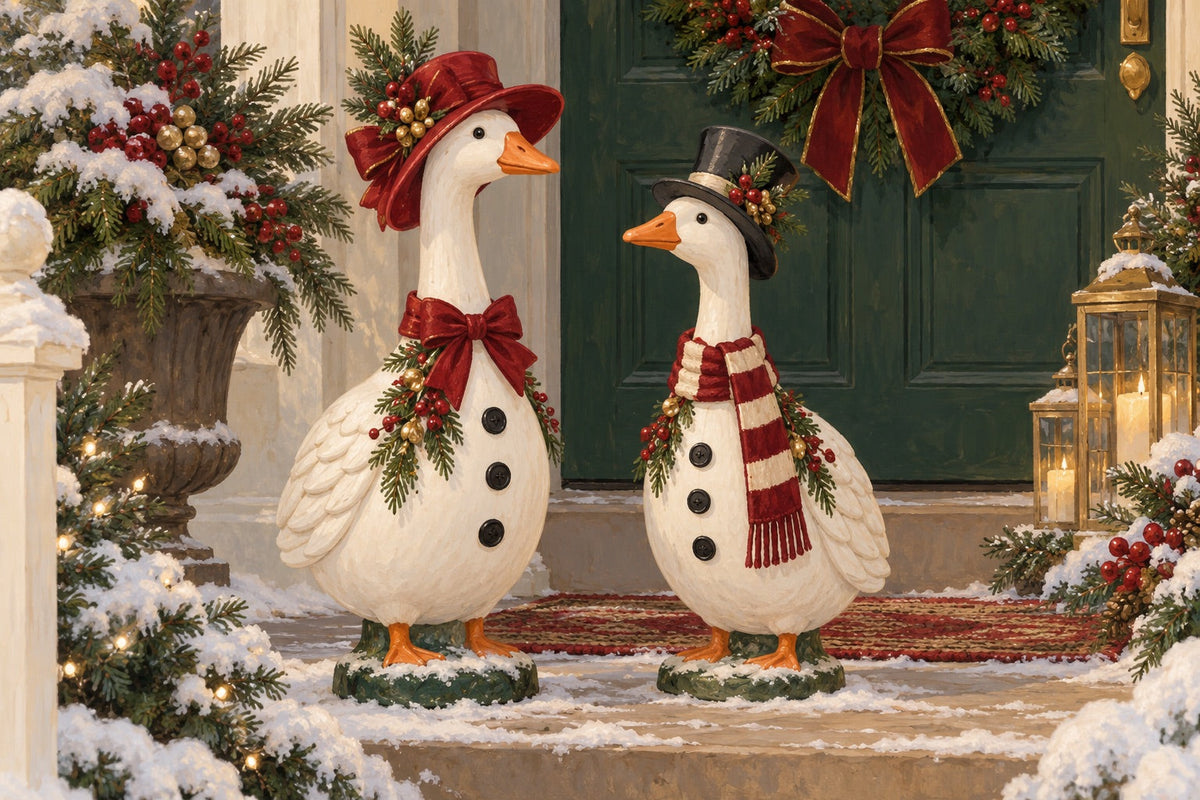 Editorial illustration for Two Snowman Porch Goose Looks: Red Bow or Striped Scarf?