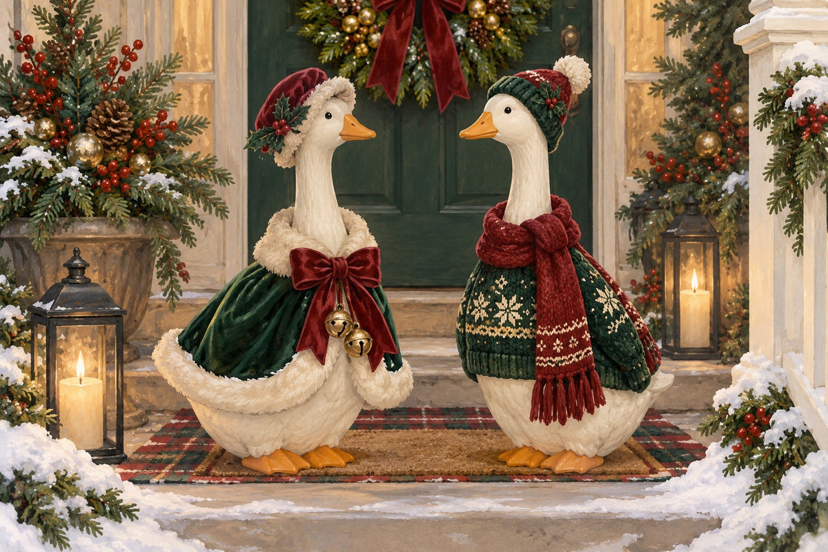 Editorial illustration for Styling Two Porch Geese for Christmas