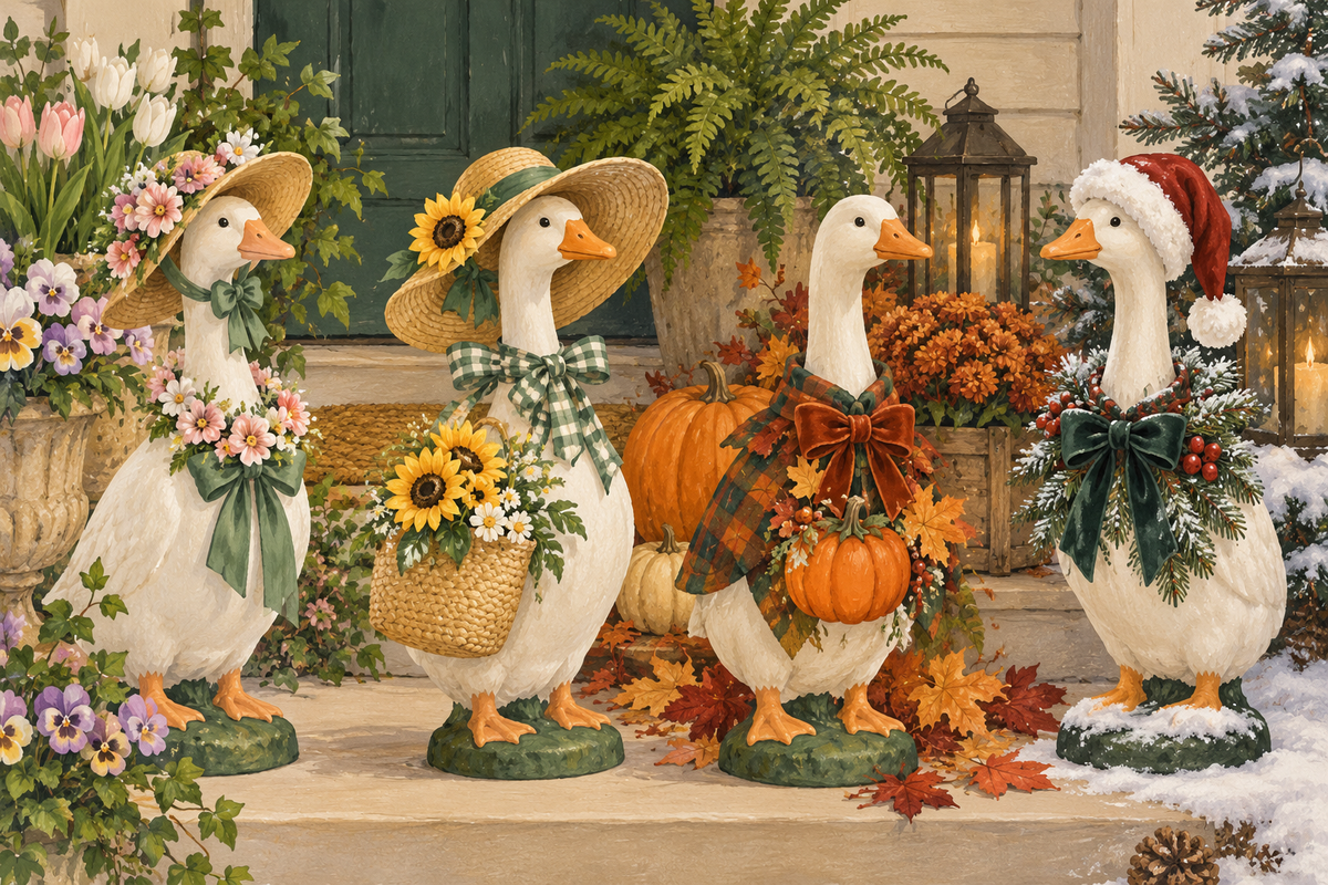 Editorial illustration of four porch goose figurines styled for spring, summer, autumn and winter.