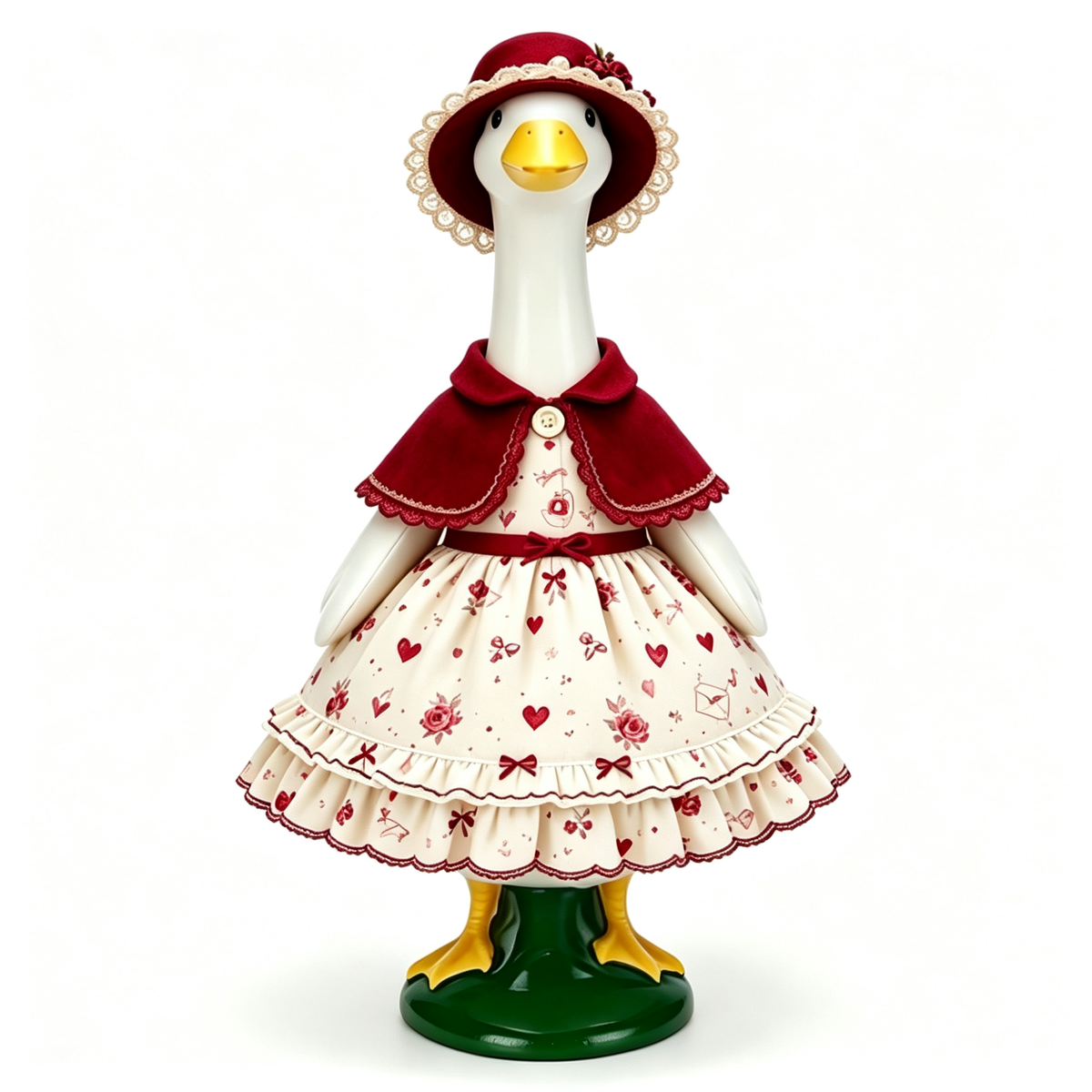 Romantic Valentine Themed Goose Outfit for 23‑Inch Lawn Goose Statue, Decorative Figurine Costume with Rose & Heart Print, Lace‑Trim Hat and Cape, Yard Porch Display Outfit, Goose Statue NOT Included
