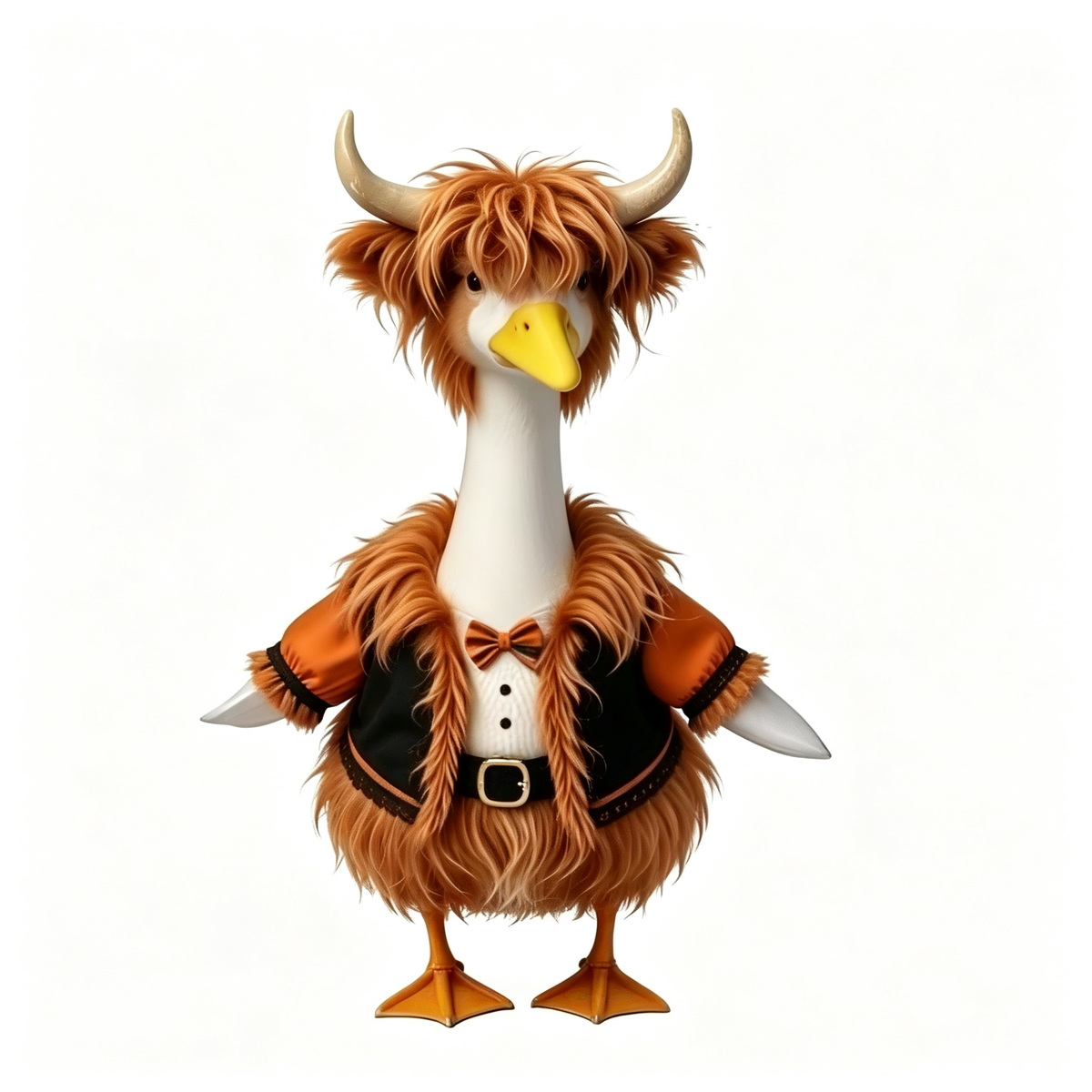 Highland Bull‑Style Goose Costume Outfit for 23 Inch Lawn Goose Statue, Horned Headpiece with Vest & Bow‑Tie Accents, Rustic Country Cabin Yard Porch Display Decor, Goose Statue NOT Included