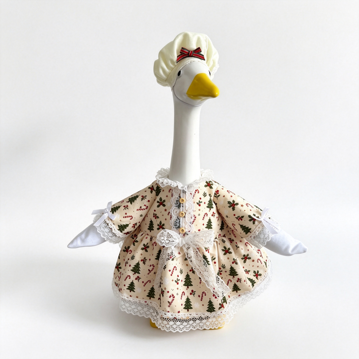 Baking‑Inspired Christmas Goose Outfit for 23‑Inch Lawn Goose Statue, Holiday Figurine Costume with Tree & Candy Cane Print, Ruffled Trim Hat, for Indoor & Outdoor Display, Goose Statue NOT Included