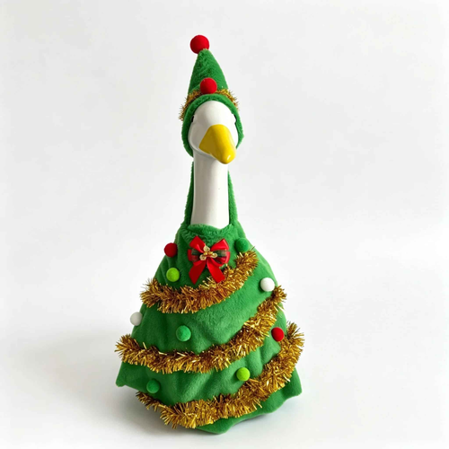 Christmas Tree Themed Goose Outfit for 23‑Inch Lawn Goose Statue, Novelty Holiday Figurine Costume with Tinsel & Pom‑Pom Accents, Indoor Outdoor Display Outfit, Goose Statue NOT Included