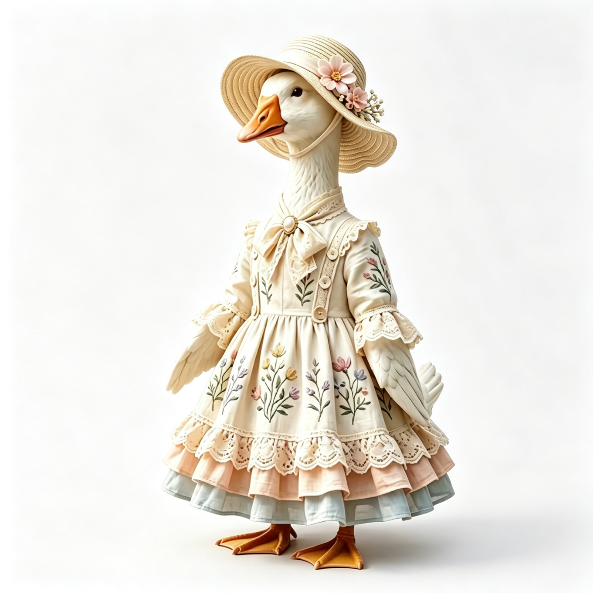 French‑Inspired Cottage Goose Costume Outfit for 23 Inch Lawn Goose Statue, Elegant Vintage‑Style Dress with Floral Straw Hat, Graceful Porch & Garden Display Decor, Goose Statue NOT Included