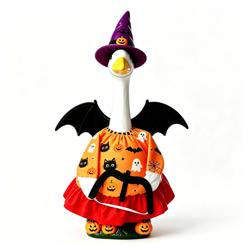 Porch goose wearing a bat wing witch Halloween outfit with purple witch hat and red ruffle skirt