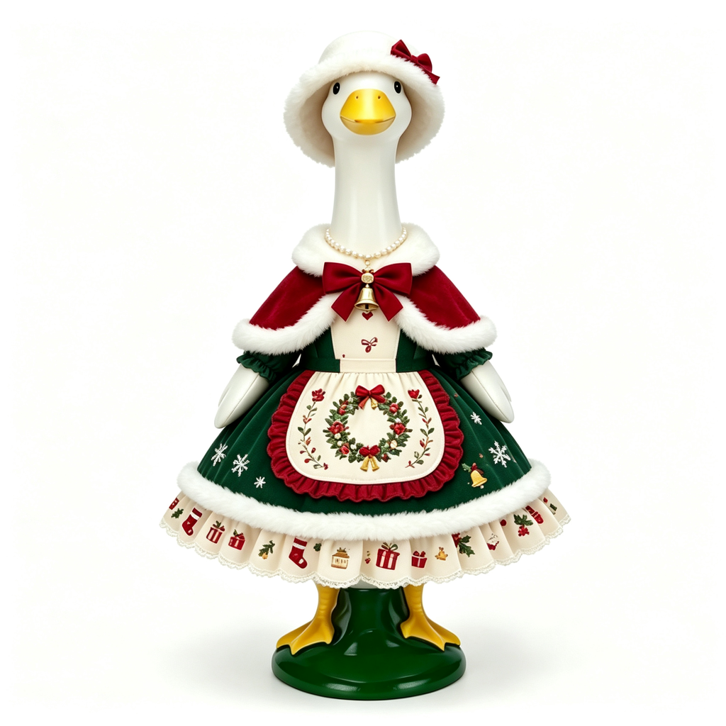 Vintage Christmas Themed Goose Outfit for 23‑Inch Lawn Goose Statue, Holiday Figurine Costume with Wreath Embroidery, Furry‑Trim Hat and Cape, Yard & Porch Display Outfit, Goose Statue NOT Included