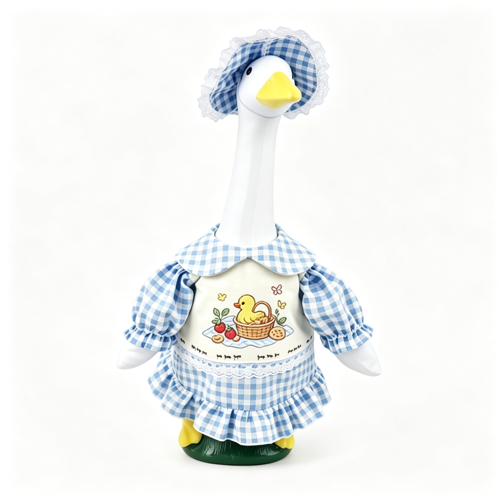 Blue Gingham Picnic Goose Outfit for 23 Inch Lawn Goose Statue, Embroidered Apron Dress with Lace Bonnet Hat & Wicker Basket, Farmhouse Porch Goose Costume, Goose Statue NOT Included