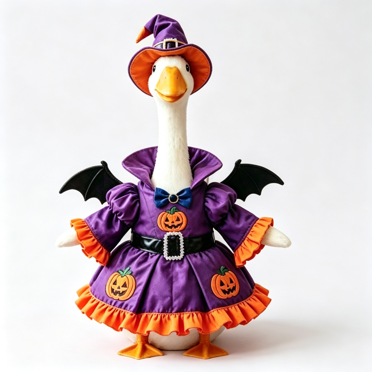 Witch Themed Goose Outfit for 23‑Inch Lawn Goose Statue, Halloween Decor Figurine Costume with Wizard Hat, Bat Wings & Pumpkin Pattern, Yard Porch Display Outfit, Goose Statue NOT Included