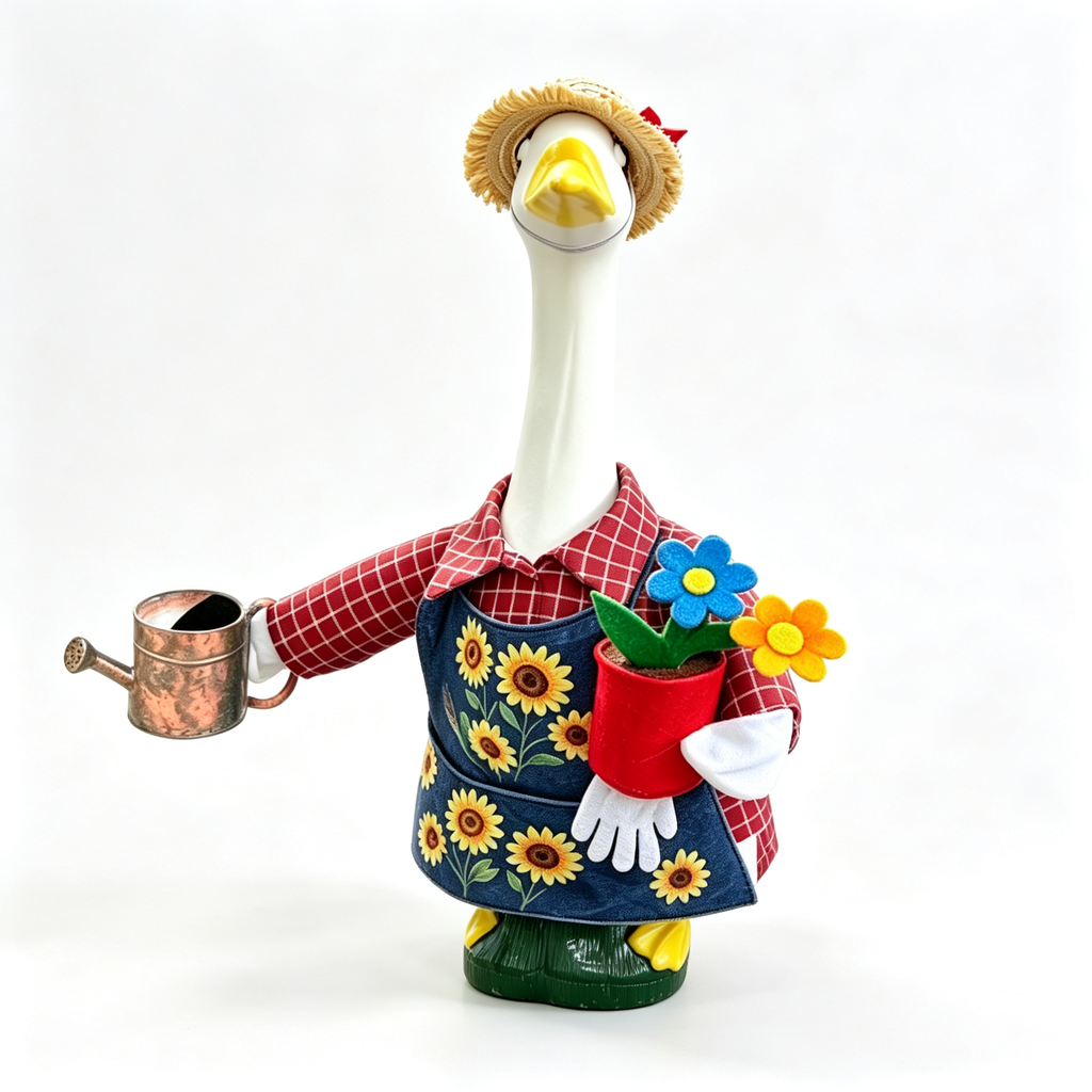 Gardener Farmhouse Goose Outfit for 23‑Inch Lawn Goose Statue, Decorative Yard Figurine Costume with Straw Hat, Watering Can & Flower Pot Prop, Farm Porch Display Outfit, Goose Statue NOT Included