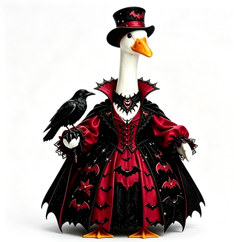 Gothic Vampire‑Style Goose Costume Outfit for 23 Inch Lawn Goose Statue, Dark Spooky Themed Attire with Top Hat & Crow Accent, Dramatic Porch Yard Display Decor, Goose Statue NOT Included