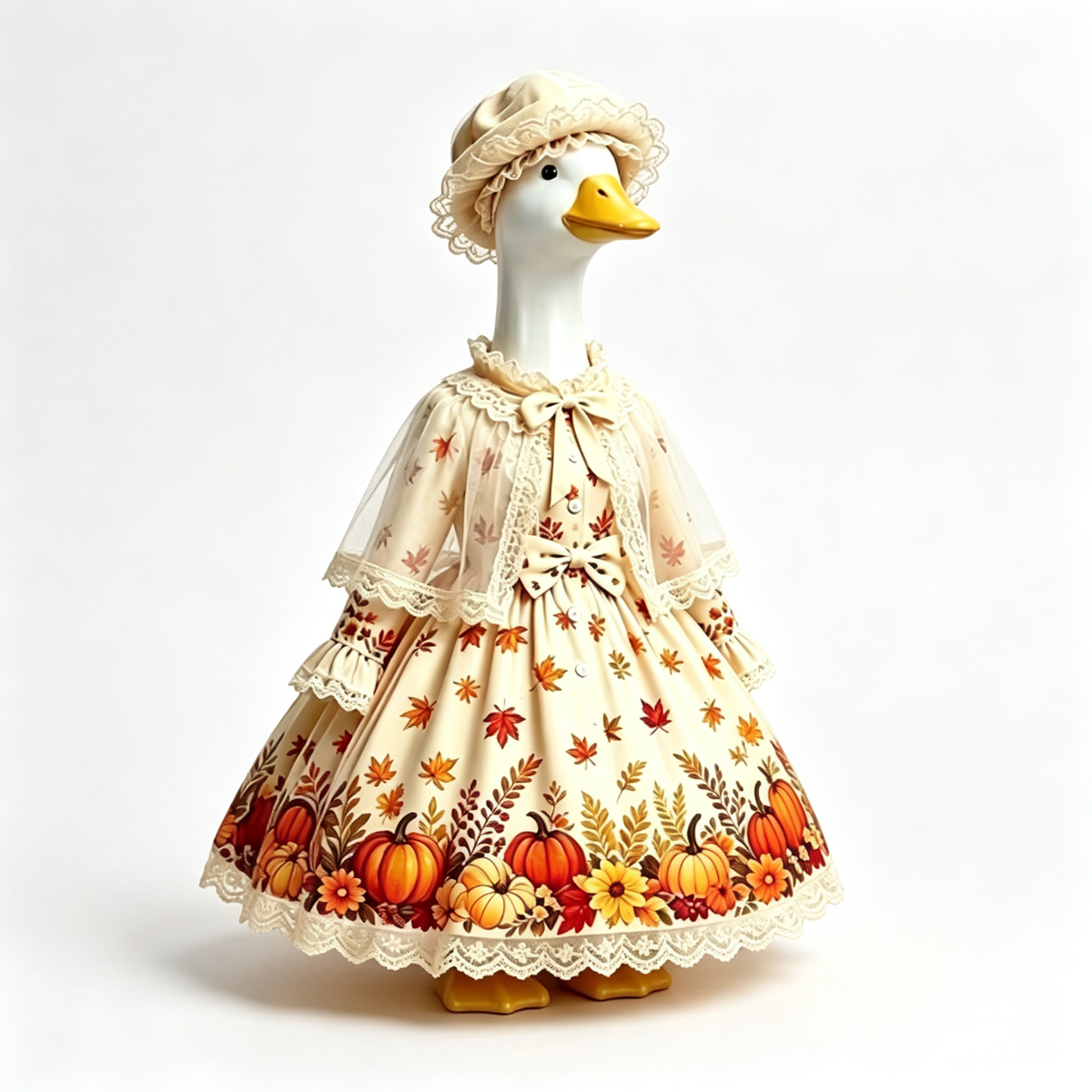 Vintage Autumn Palace‑Style Goose Costume Outfit for 23 Inch Lawn Goose Statue, Fall Themed Dress with Lace Cape & Beret Hat, Retro Porch Garden Seasonal Display Decor, Goose Statue NOT Included