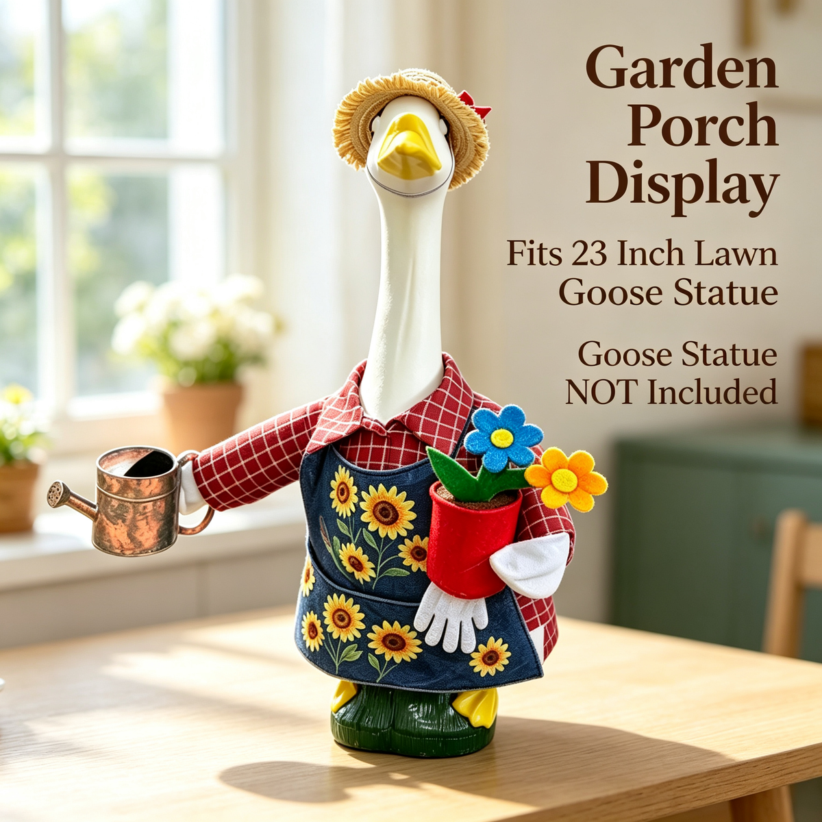 Gardener Farmhouse Goose Outfit for 23‑Inch Lawn Goose Statue, Decorative Yard Figurine Costume with Straw Hat, Watering Can & Flower Pot Prop, Farm Porch Display Outfit, Goose Statue NOT Included