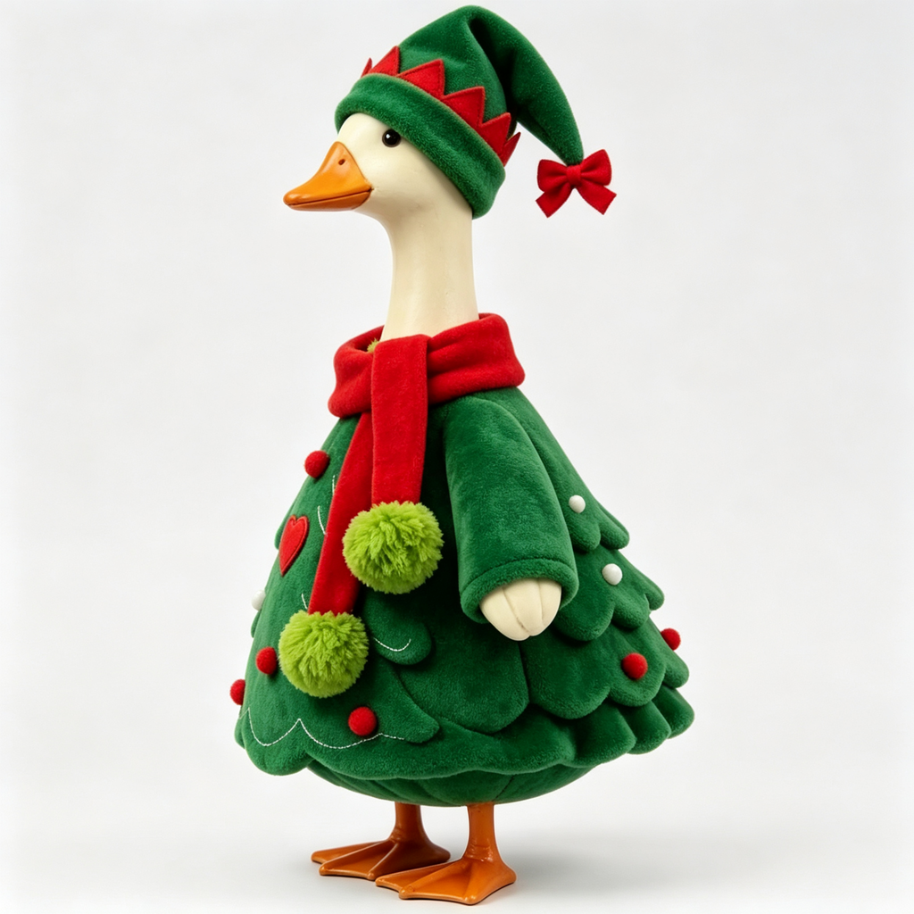 Christmas Tree Goose Costume Outfit for 23 Inch Lawn Goose Statue, Festive Tree‑Shaped Clothing with Elf Hat & Scarf, Farmhouse Porch Garden Decor, Goose Statue NOT Included