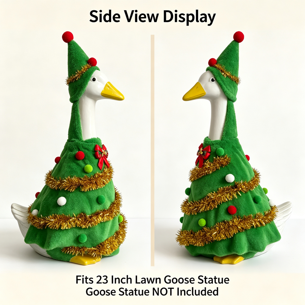 Christmas Tree Themed Goose Outfit for 23‑Inch Lawn Goose Statue, Novelty Holiday Figurine Costume with Tinsel & Pom‑Pom Accents, Indoor Outdoor Display Outfit, Goose Statue NOT Included