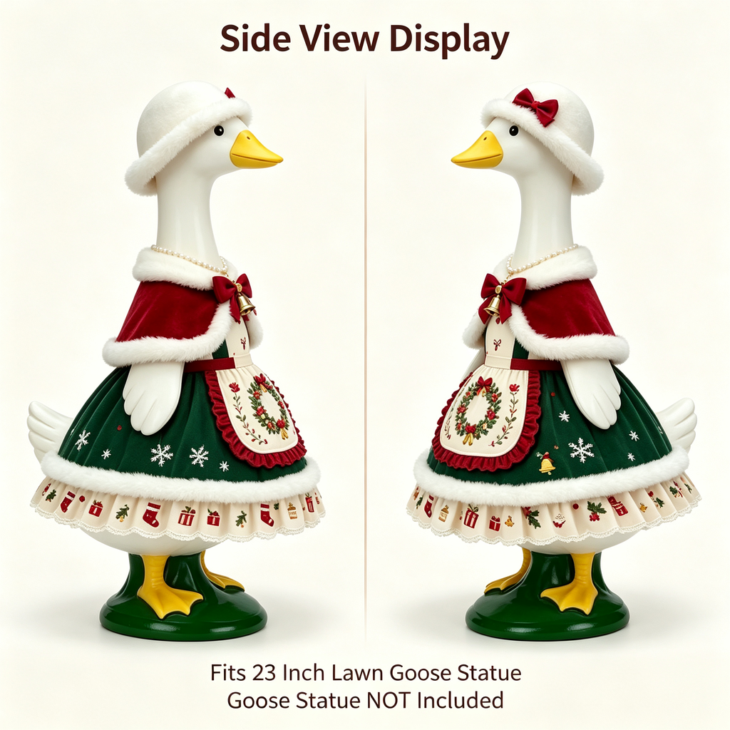 Vintage Christmas Themed Goose Outfit for 23‑Inch Lawn Goose Statue, Holiday Figurine Costume with Wreath Embroidery, Furry‑Trim Hat and Cape, Yard & Porch Display Outfit, Goose Statue NOT Included
