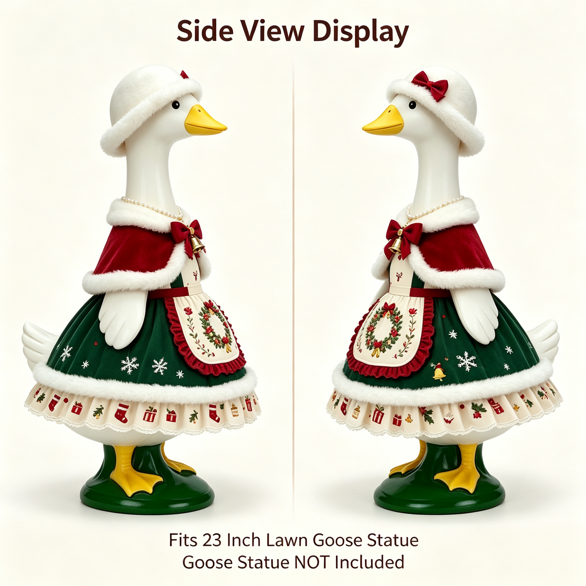 Vintage Christmas Themed Goose Outfit for 23‑Inch Lawn Goose Statue, Holiday Figurine Costume with Wreath Embroidery, Furry‑Trim Hat and Cape, Yard & Porch Display Outfit, Goose Statue NOT Included