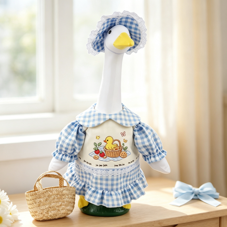 Blue Gingham Picnic Goose Outfit for 23 Inch Lawn Goose Statue, Embroidered Apron Dress with Lace Bonnet Hat & Wicker Basket, Farmhouse Porch Goose Costume, Goose Statue NOT Included