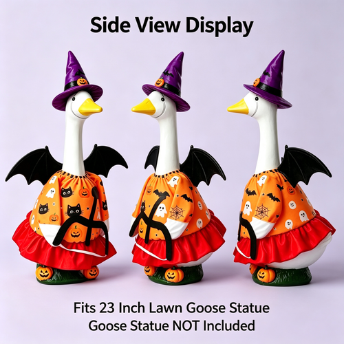 Side view of witch Halloween porch goose outfit on a 23-inch lawn goose statue