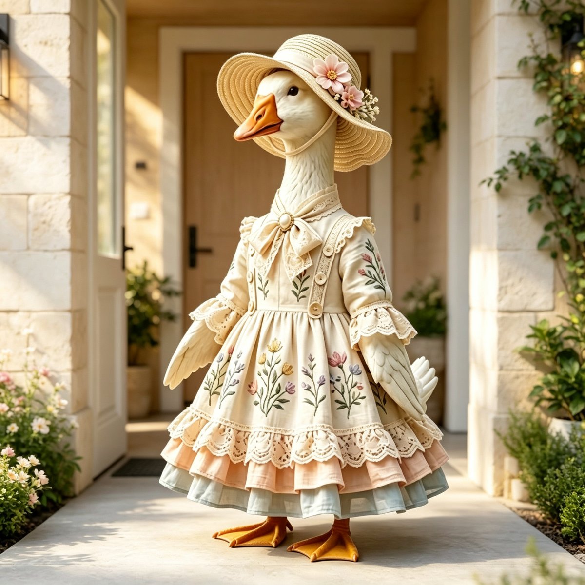 French‑Inspired Cottage Goose Costume Outfit for 23 Inch Lawn Goose Statue, Elegant Vintage‑Style Dress with Floral Straw Hat, Graceful Porch & Garden Display Decor, Goose Statue NOT Included