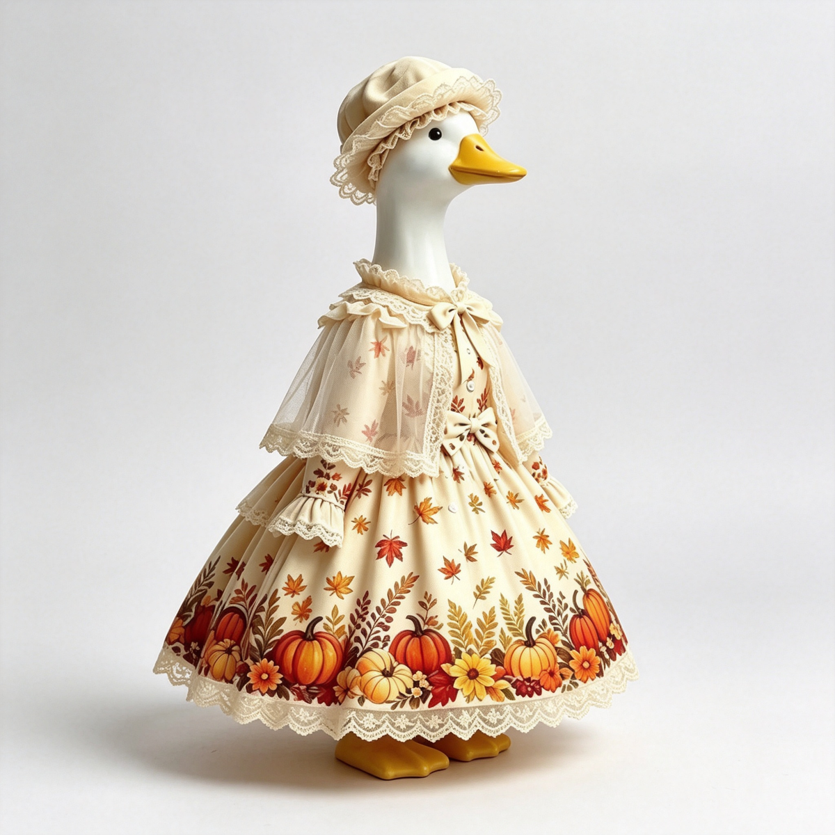 Vintage Autumn Palace‑Style Goose Costume Outfit for 23 Inch Lawn Goose Statue, Fall Themed Dress with Lace Cape & Beret Hat, Retro Porch Garden Seasonal Display Decor, Goose Statue NOT Included