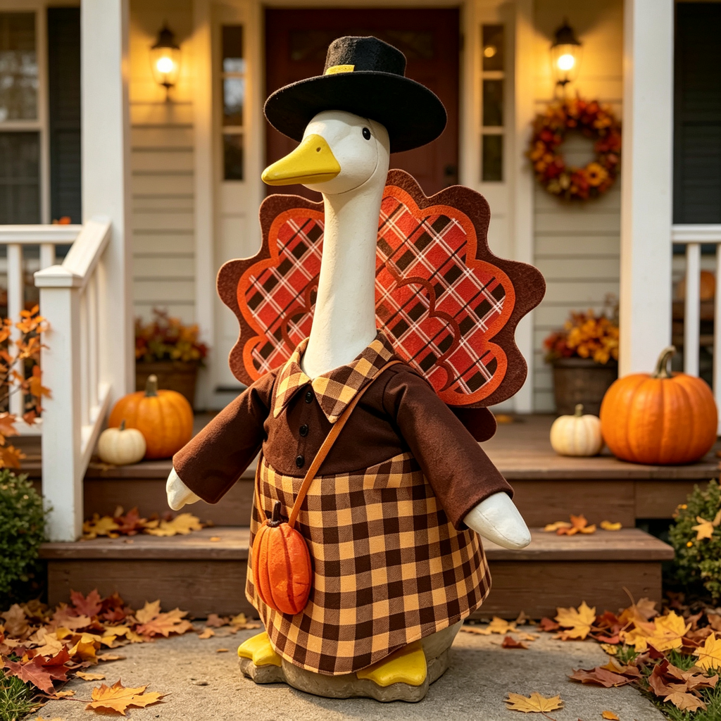 Fall Harvest Farmhouse Goose Outfit for 23‑Inch Lawn Goose Statue, Seasonal Figurine Costume with Pilgrim Hat, Turkey Tail Decor & Pumpkin Pouch, Yard Porch Display Outfit, Goose Statue NOT Included