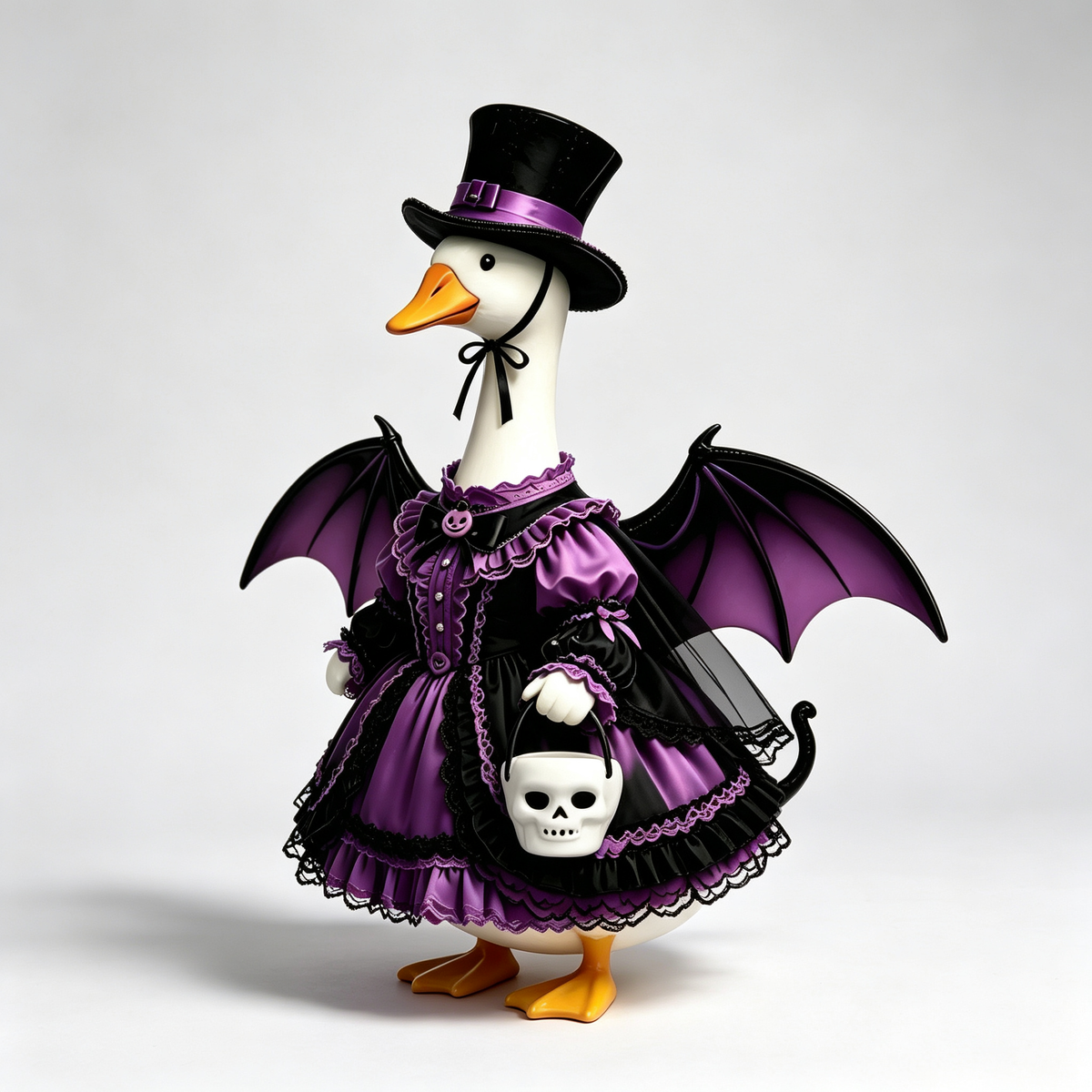 Dark Gothic Lolita‑Style Goose Costume Outfit for 23 Inch Lawn Goose Statue, Spooky Attire with Bat Wings & Top Hat, Whimsical Moody Porch Yard Display Decor, Goose Statue NOT Included