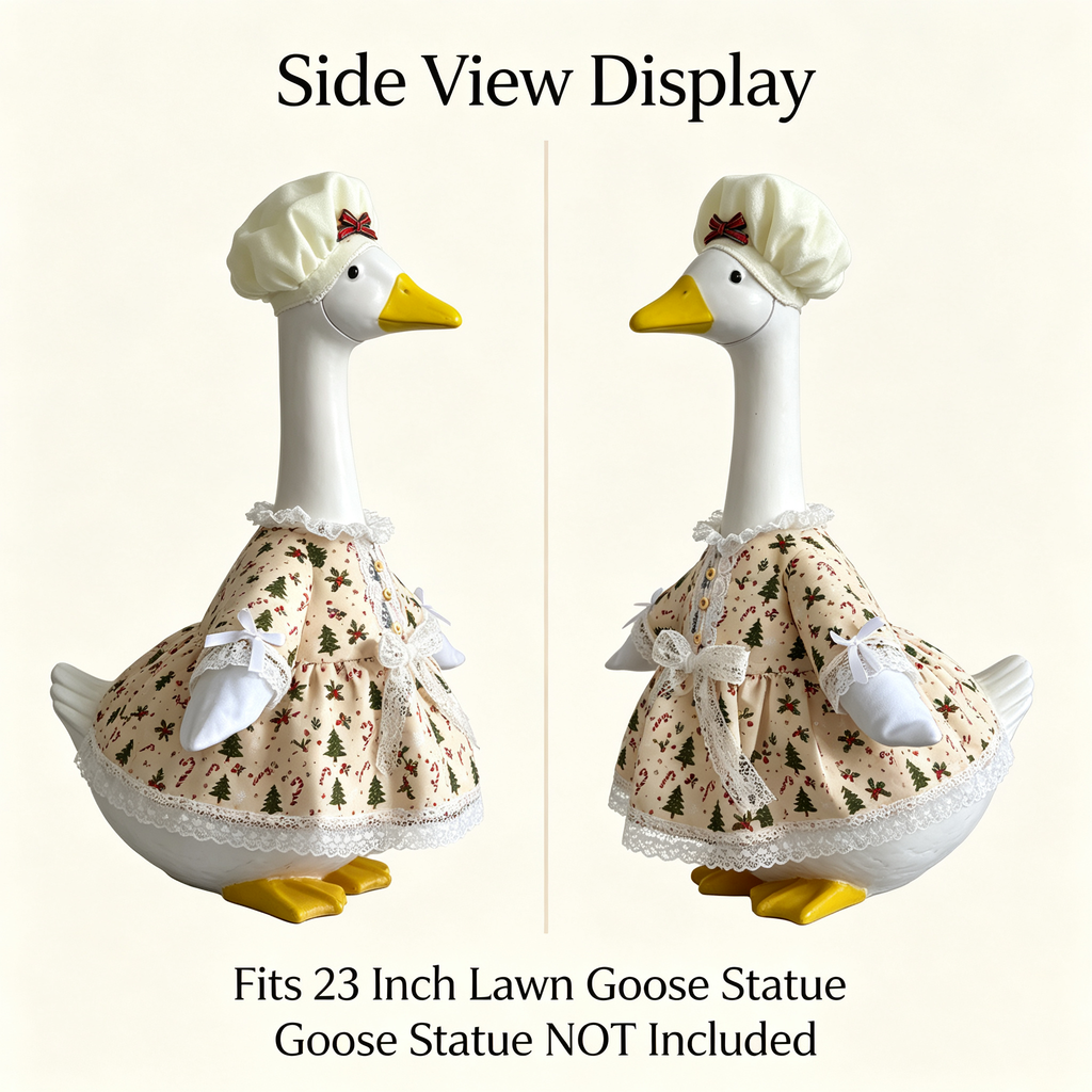 Baking‑Inspired Christmas Goose Outfit for 23‑Inch Lawn Goose Statue, Holiday Figurine Costume with Tree & Candy Cane Print, Ruffled Trim Hat, for Indoor & Outdoor Display, Goose Statue NOT Included