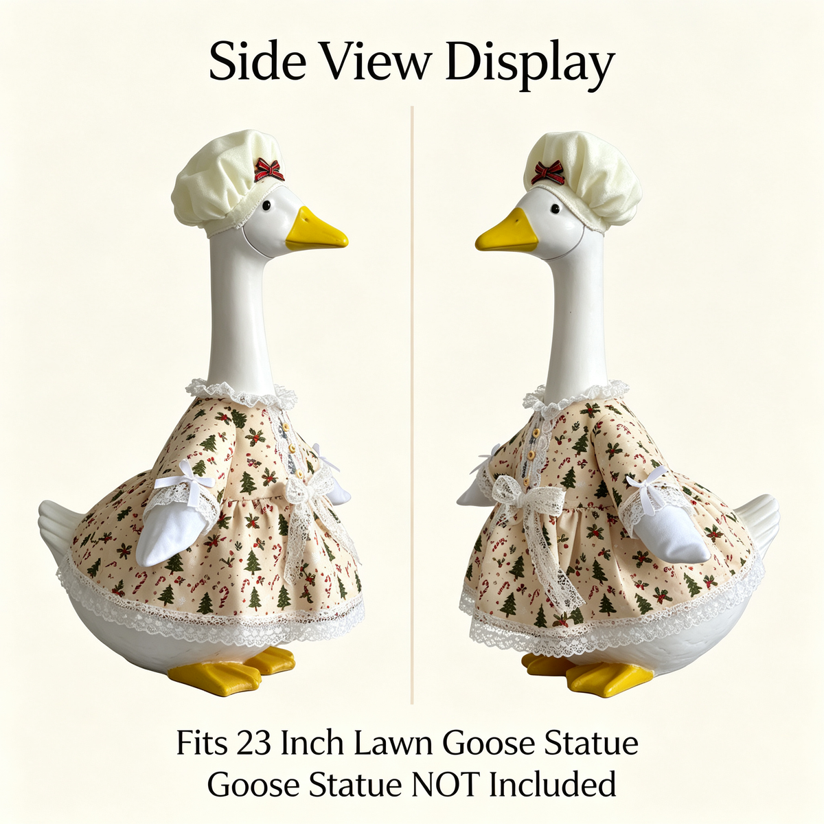 Baking‑Inspired Christmas Goose Outfit for 23‑Inch Lawn Goose Statue, Holiday Figurine Costume with Tree & Candy Cane Print, Ruffled Trim Hat, for Indoor & Outdoor Display, Goose Statue NOT Included