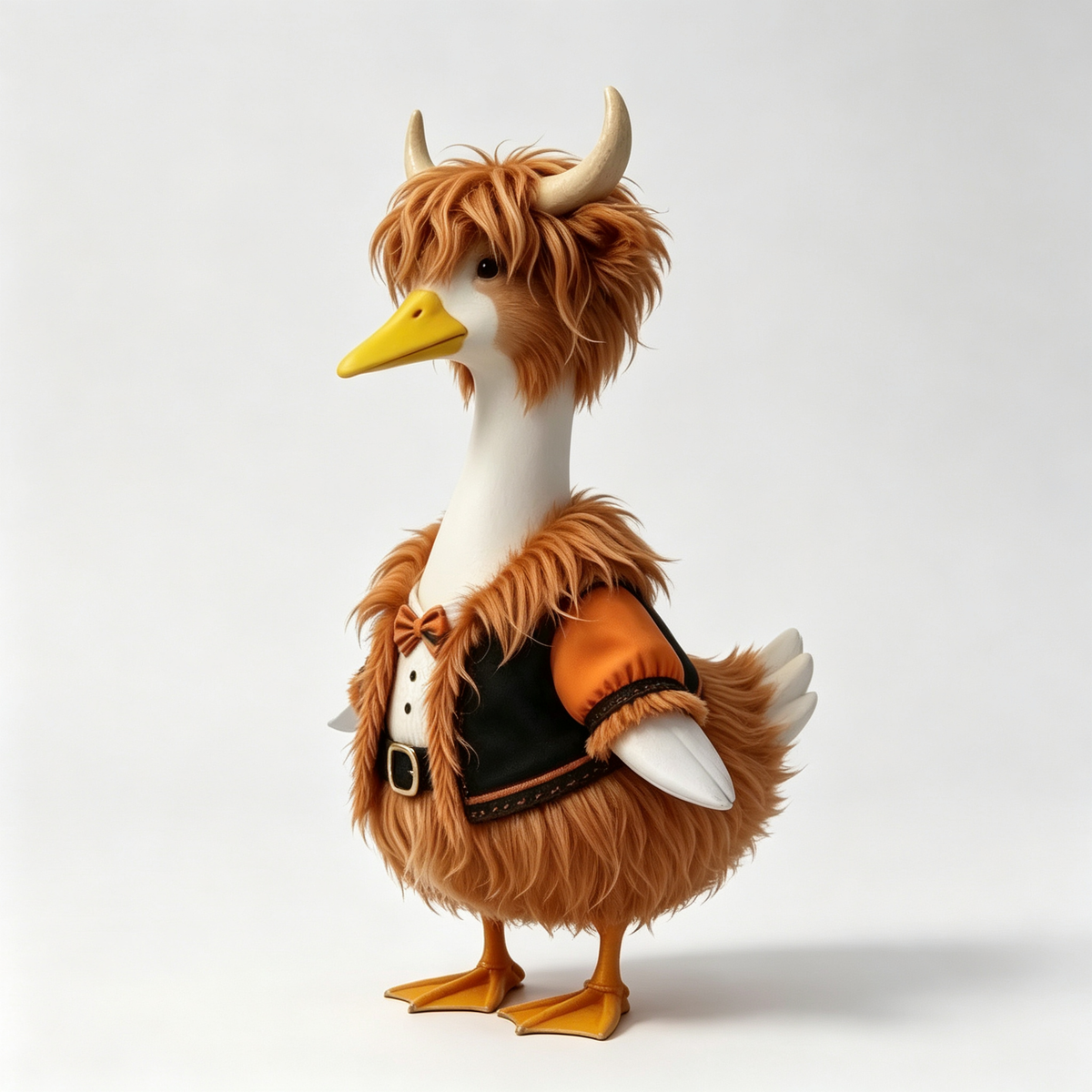 Highland Bull‑Style Goose Costume Outfit for 23 Inch Lawn Goose Statue, Horned Headpiece with Vest & Bow‑Tie Accents, Rustic Country Cabin Yard Porch Display Decor, Goose Statue NOT Included
