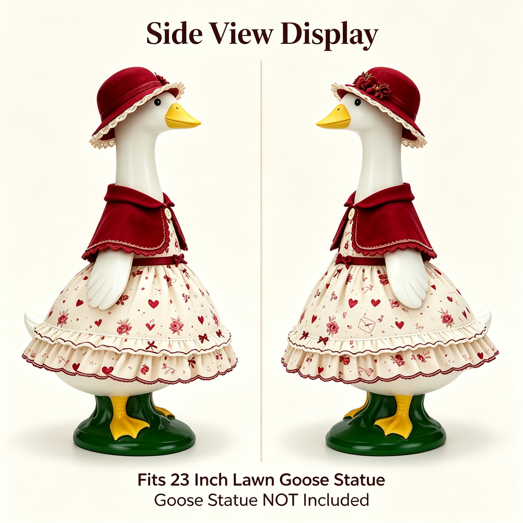 Romantic Valentine Themed Goose Outfit for 23‑Inch Lawn Goose Statue, Decorative Figurine Costume with Rose & Heart Print, Lace‑Trim Hat and Cape, Yard Porch Display Outfit, Goose Statue NOT Included
