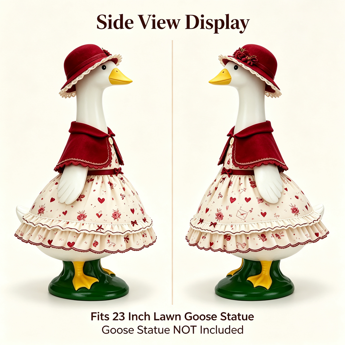 Romantic Valentine Themed Goose Outfit for 23‑Inch Lawn Goose Statue, Decorative Figurine Costume with Rose & Heart Print, Lace‑Trim Hat and Cape, Yard Porch Display Outfit, Goose Statue NOT Included