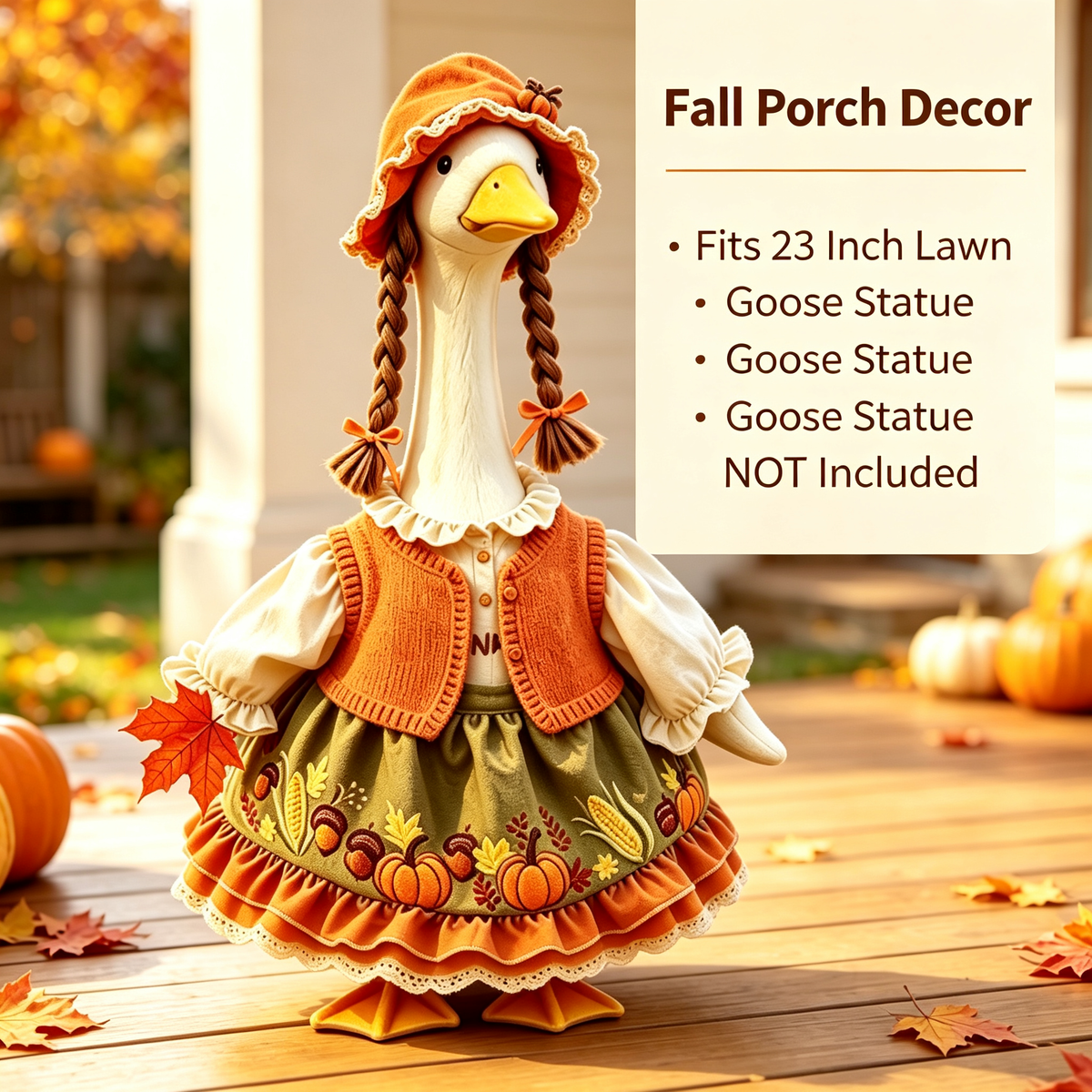 Autumn Harvest Goose Outfit for 23‑Inch Lawn Goose Statue, Farmhouse Porch Decor Costume with Bonnet Hat & Vest, Seasonal Yard Figurine Outfit, Goose Statue NOT Included
