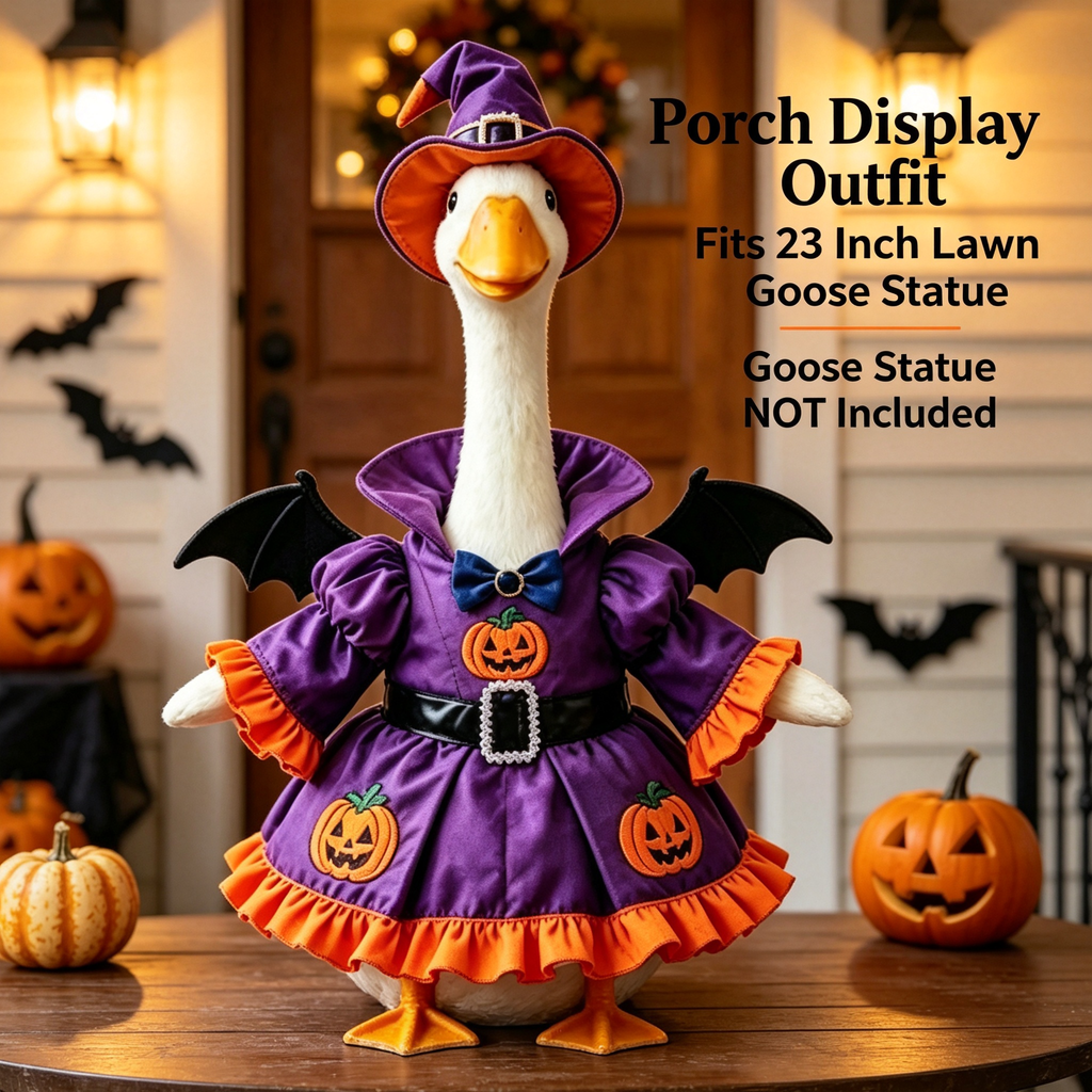 Witch Themed Goose Outfit for 23‑Inch Lawn Goose Statue, Halloween Decor Figurine Costume with Wizard Hat, Bat Wings & Pumpkin Pattern, Yard Porch Display Outfit, Goose Statue NOT Included