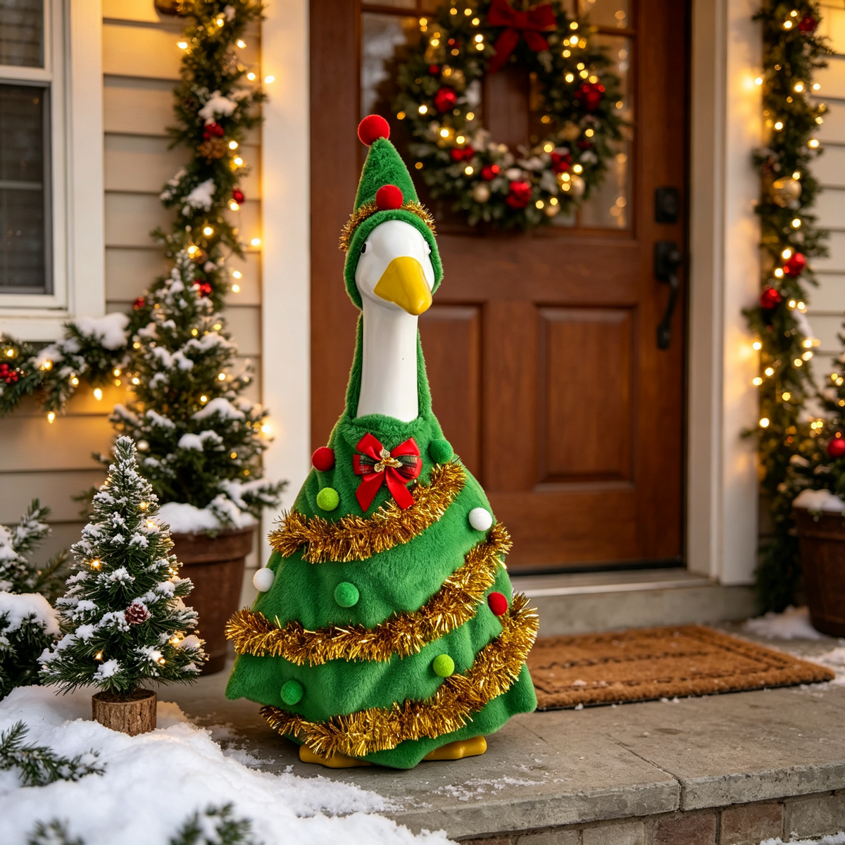 Christmas Tree Themed Goose Outfit for 23‑Inch Lawn Goose Statue, Novelty Holiday Figurine Costume with Tinsel & Pom‑Pom Accents, Indoor Outdoor Display Outfit, Goose Statue NOT Included