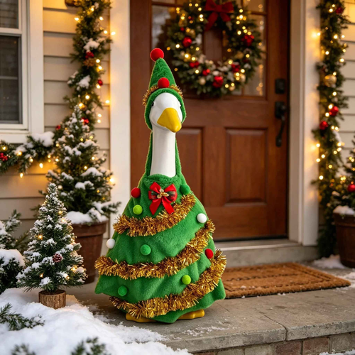 Christmas Tree Themed Goose Outfit for 23‑Inch Lawn Goose Statue, Novelty Holiday Figurine Costume with Tinsel & Pom‑Pom Accents, Indoor Outdoor Display Outfit, Goose Statue NOT Included