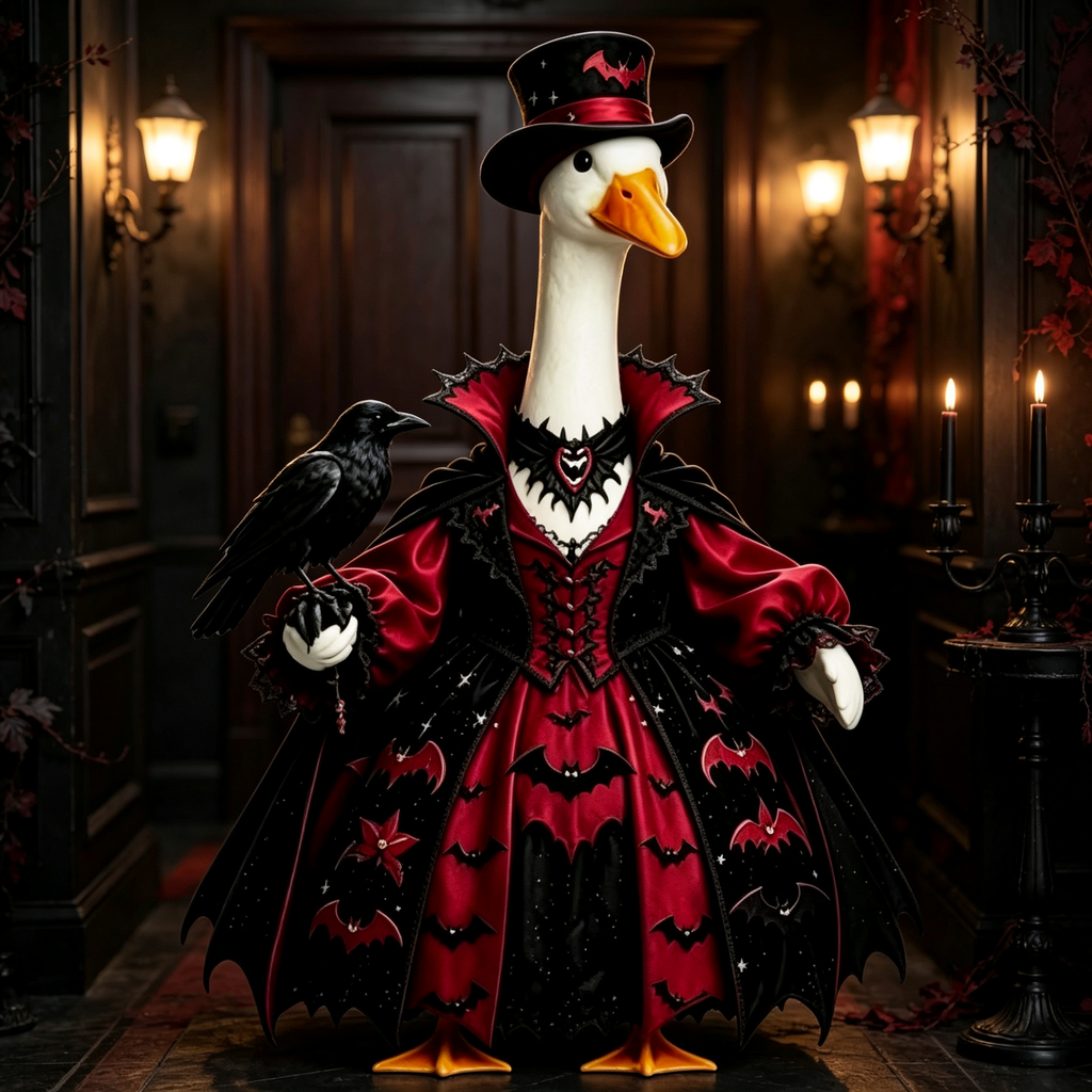 Gothic Vampire‑Style Goose Costume Outfit for 23 Inch Lawn Goose Statue, Dark Spooky Themed Attire with Top Hat & Crow Accent, Dramatic Porch Yard Display Decor, Goose Statue NOT Included