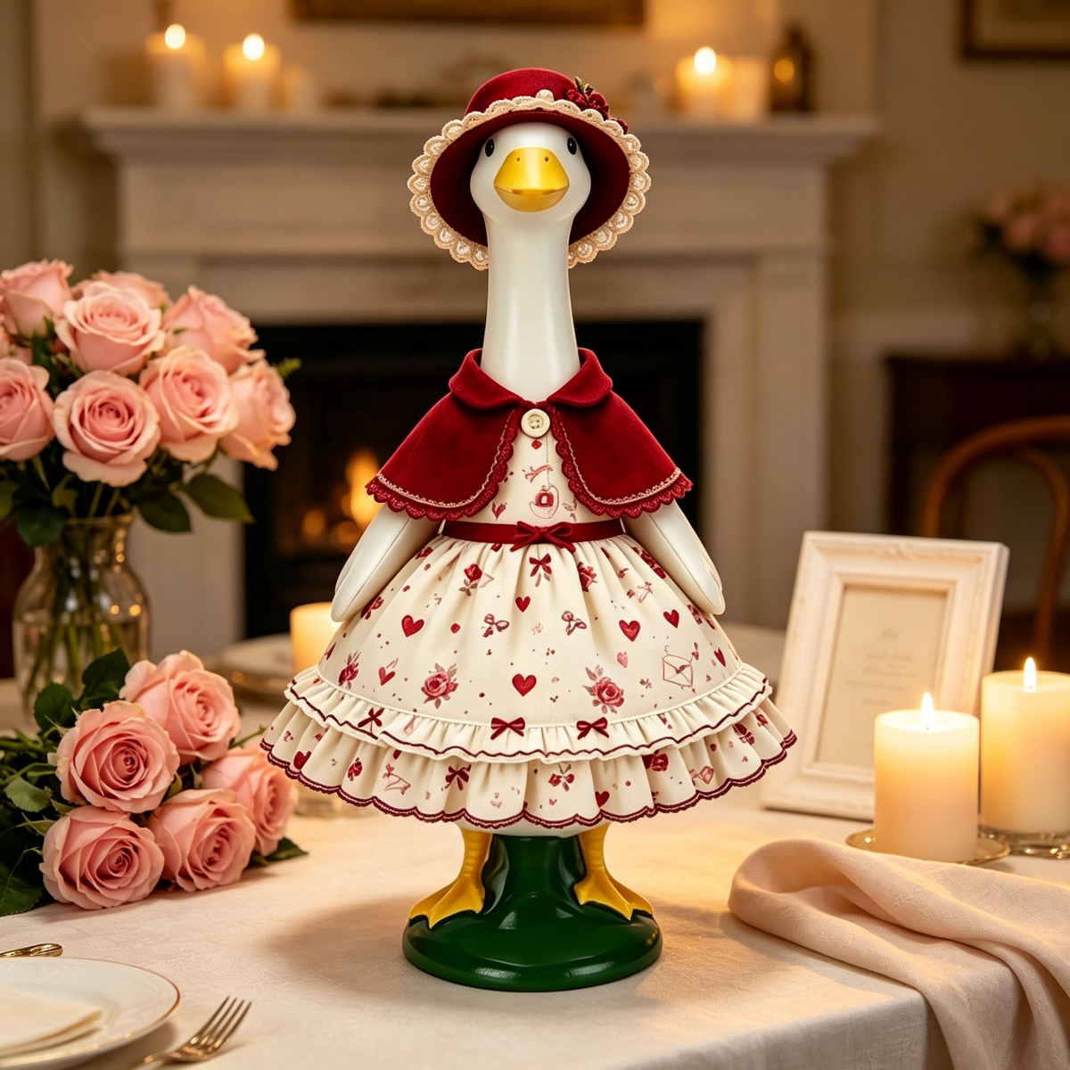Romantic Valentine Themed Goose Outfit for 23‑Inch Lawn Goose Statue, Decorative Figurine Costume with Rose & Heart Print, Lace‑Trim Hat and Cape, Yard Porch Display Outfit, Goose Statue NOT Included
