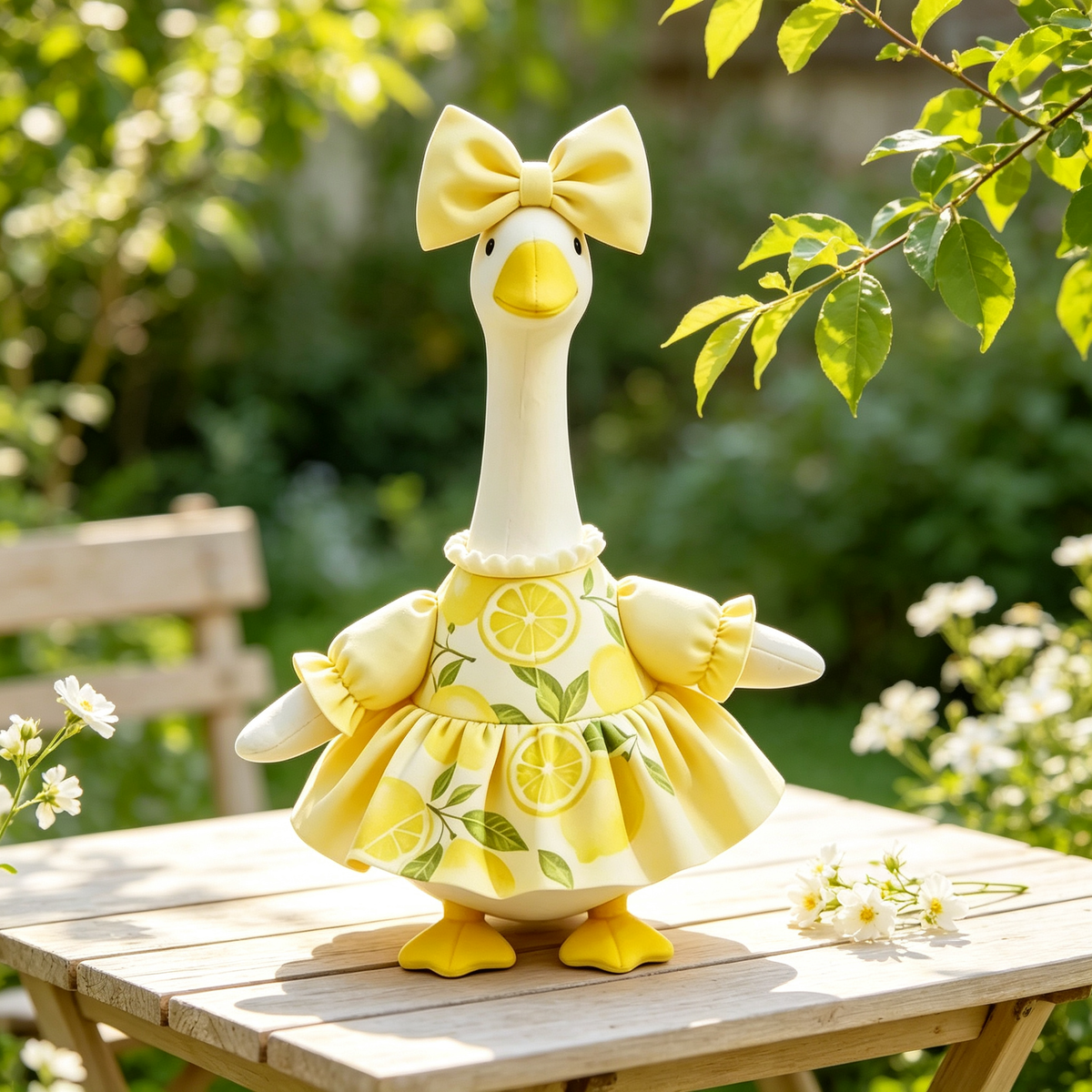 Summer Fresh Vacation‑Style Goose Costume Outfit for 23 Inch Lawn Goose Statue, Lemon‑Print Dress with Oversized Bow, Bright Cheerful Porch Garden Display Decor, Goose Statue NOT Included