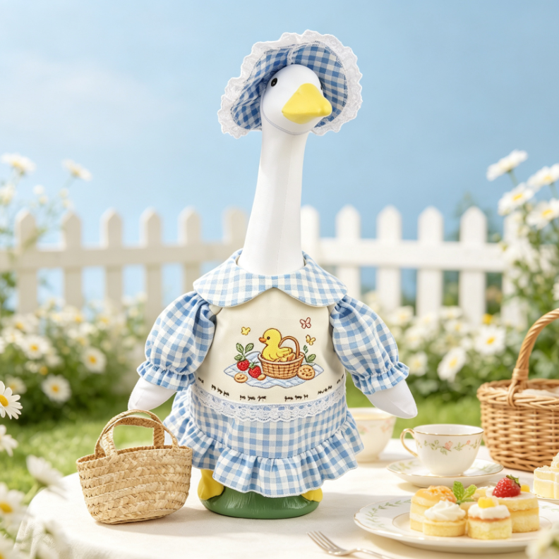 Blue Gingham Picnic Goose Outfit for 23 Inch Lawn Goose Statue, Embroidered Apron Dress with Lace Bonnet Hat & Wicker Basket, Farmhouse Porch Goose Costume, Goose Statue NOT Included