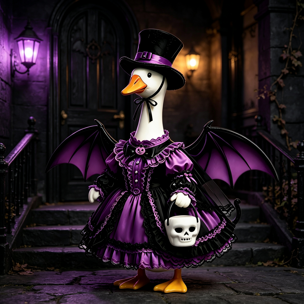 Dark Gothic Lolita‑Style Goose Costume Outfit for 23 Inch Lawn Goose Statue, Spooky Attire with Bat Wings & Top Hat, Whimsical Moody Porch Yard Display Decor, Goose Statue NOT Included