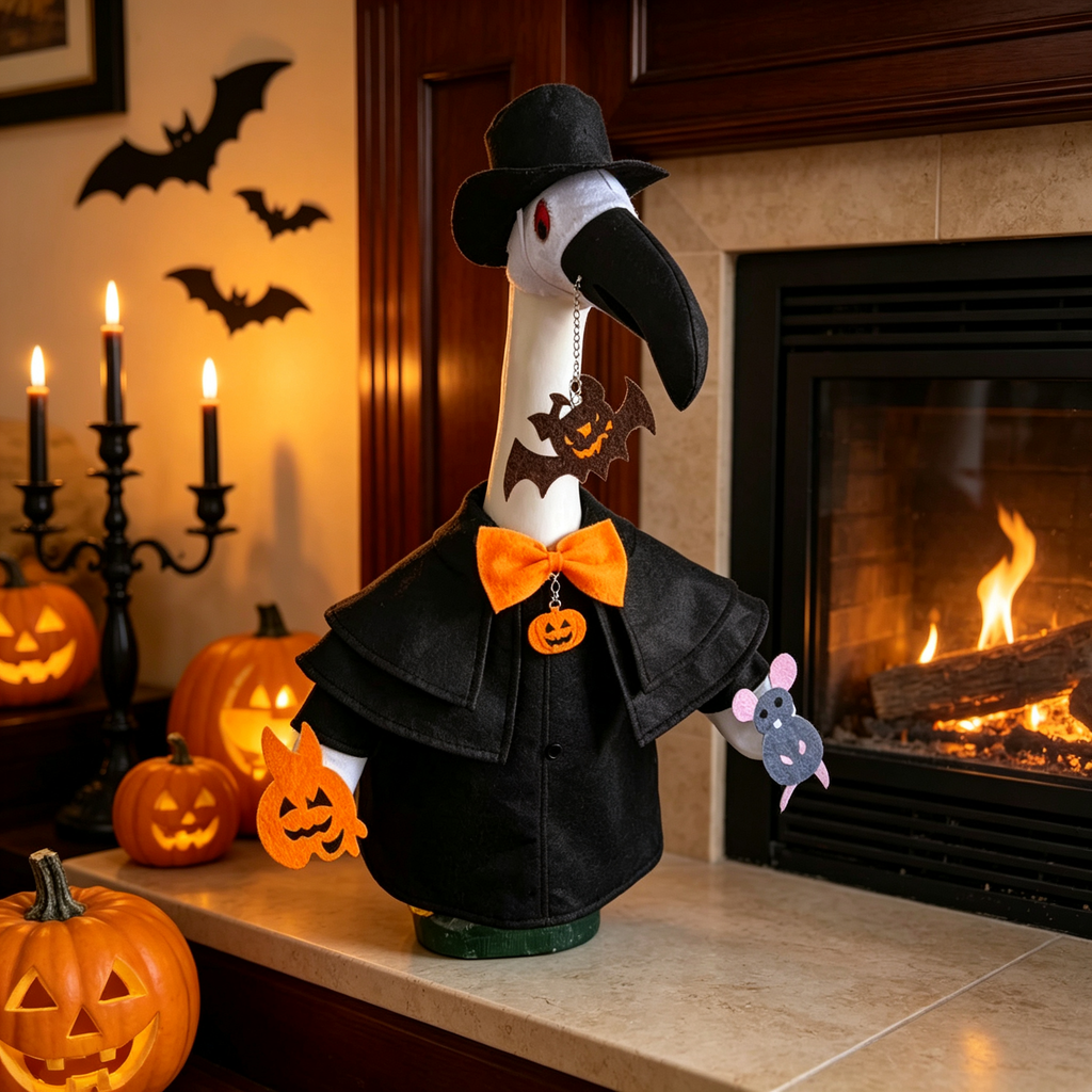 Plague Doctor Halloween Lawn Goose Outfit for 23‑Inch Lawn Goose Statue, Spooky Figurine Costume with Bow Tie & Pumpkin Bat Charms, for Indoor & Porch Display, Goose Statue NOT Included