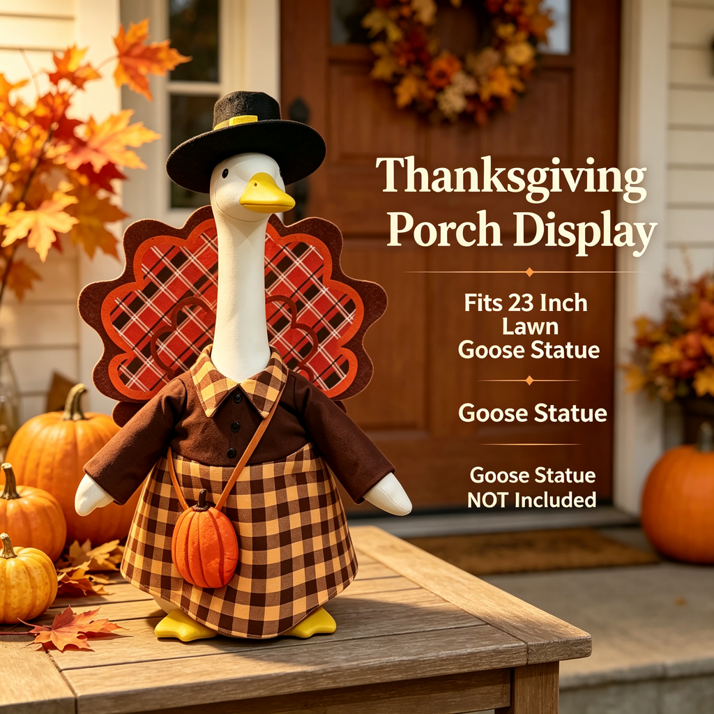 Fall Harvest Farmhouse Goose Outfit for 23‑Inch Lawn Goose Statue, Seasonal Figurine Costume with Pilgrim Hat, Turkey Tail Decor & Pumpkin Pouch, Yard Porch Display Outfit, Goose Statue NOT Included