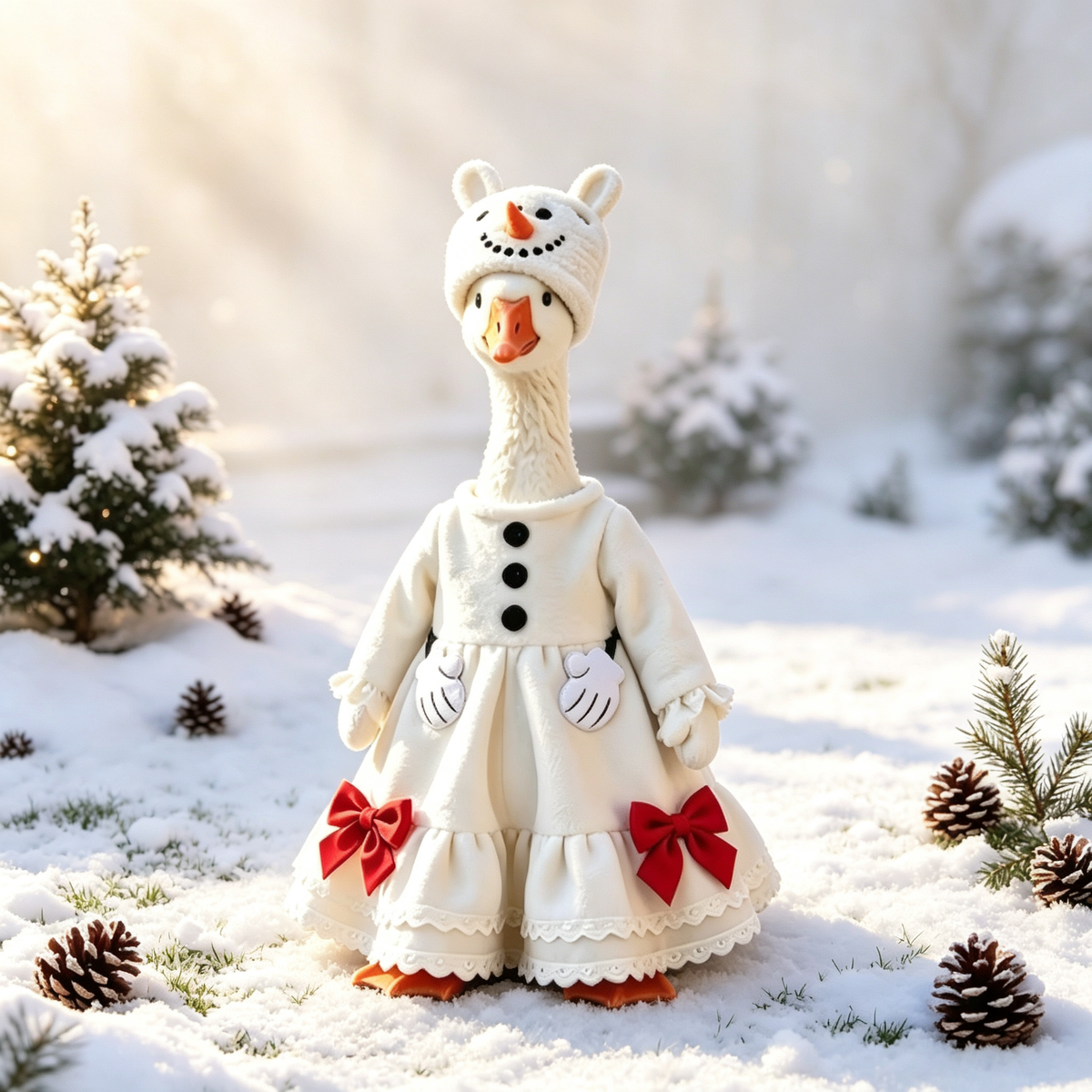 Snowman‑Style Goose Costume Outfit for 23 Inch Lawn Goose Statue, Winter Snow‑Themed Dress with Snowman Hat & Red Bows, Whimsical Cold‑Season Porch Yard Display Decor, Goose Statue NOT Included